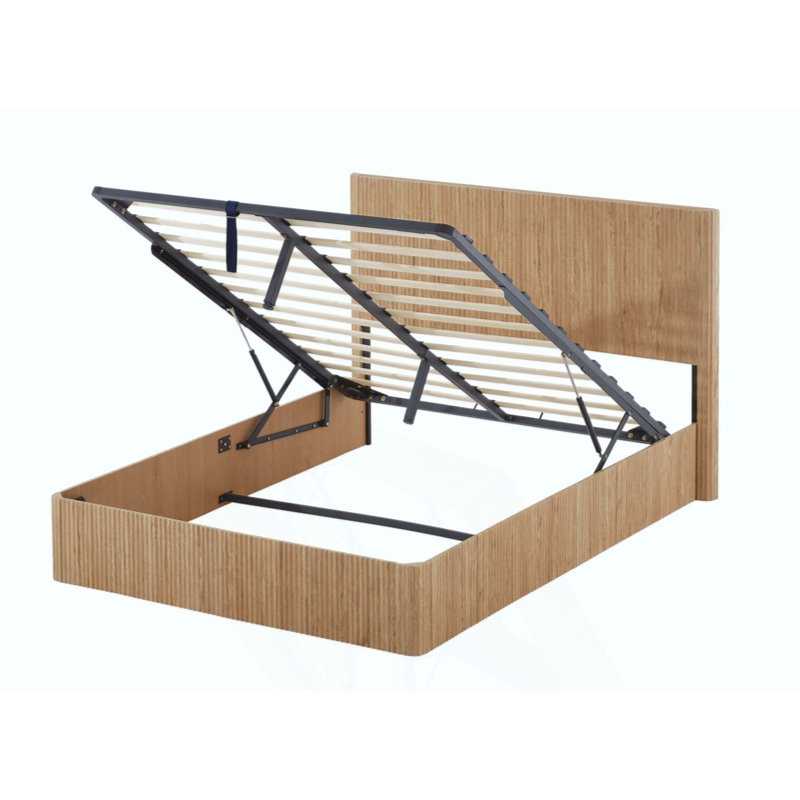 Structure de lit relevable, lignes courbes ondulées en bois, rangement hydraulique / aucun sommier nécessaire, Queen, Oak
