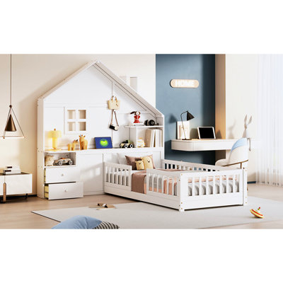 Lit simple blanc avec fenêtre, rangement de tiroir, douilles et support pour lit simple avec tiroirs de chevet, tablette