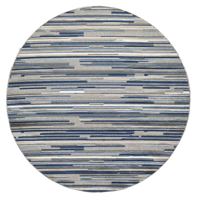 Tapis d'extérieur à rayures abstraites Gemmill, Rond 8 po, Bleu