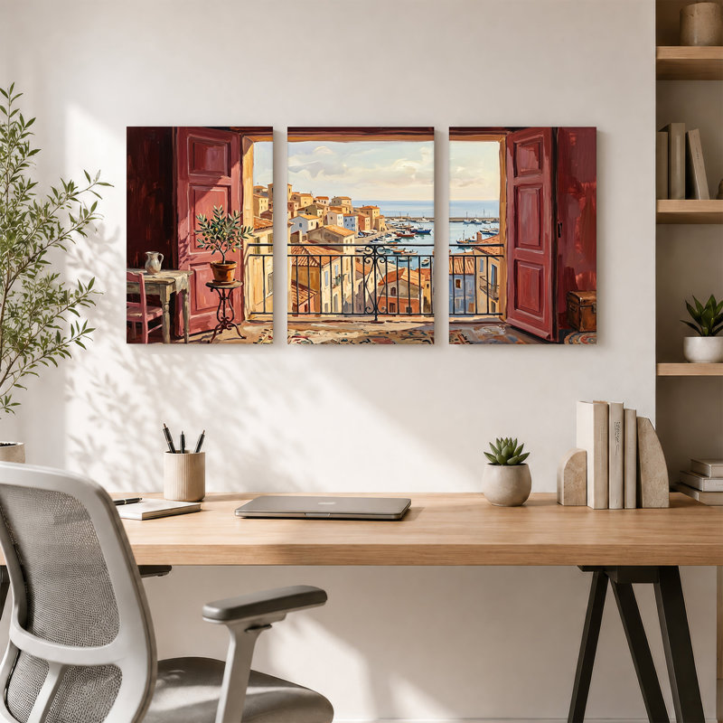 Ensemble de 3 toiles sur le port méditerranéen, 36"H x 24"W x 3pcs