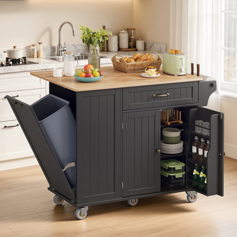 Tilt-Out Trash Bin Compartment Kitchen Island with Solid Wood Top, Drop-Leaf, Towel Rack, Faux Refrigerator Cabinet, Drawer & Locking  Wheels