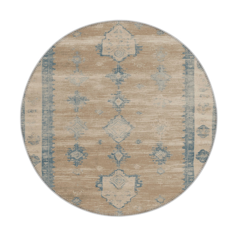 Overdyed Beige Indoor and Outdoor Area Rug, Round 5'