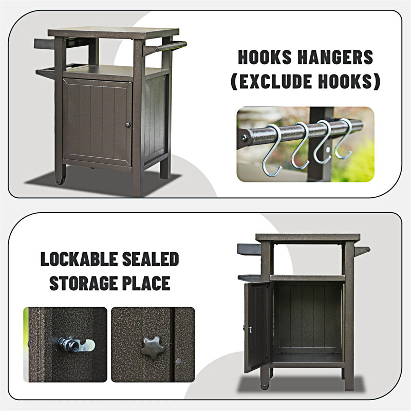 Brown Metal Outdoor Grill Cart with Storage and Wheels