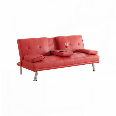 67 Inch Leather Multifunctional Office Sofa Bed with Coffee Table, Double Fold Design, Adjustable Postures