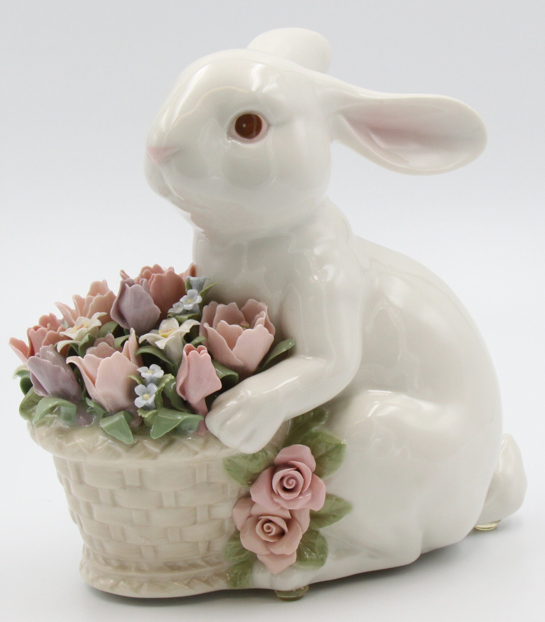 Precious Moments Porcelain Girl And Bunnies In Basket Figurine