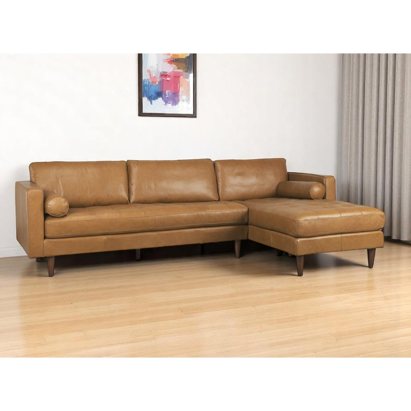 Canapé modulaire en L en cuir véritable brun clair avec méridienne et coussins décoratifs