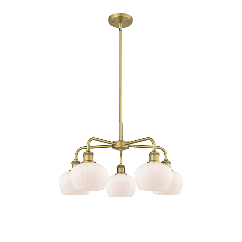 Lustre bol 5 lumières Calnie, Blanc mat, Laiton brossé