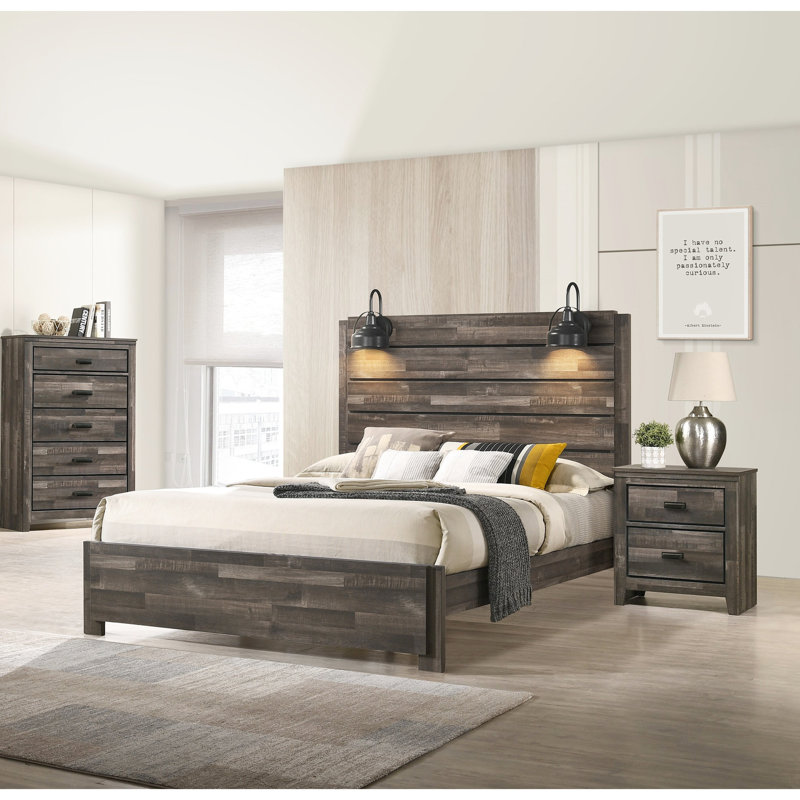 Mobilier de chambre à coucher grand lit - cadre en bois brun avec lumières de tête de lit aspect rustique