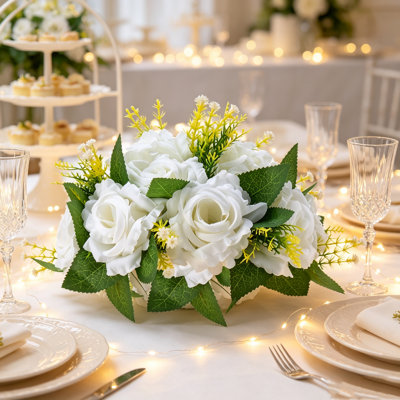 10 boules de fleurs artificielles blanches de 9,5 pouces, bouquets de roses artificielles, centres de table de mariage, boules florales artificielles pour la décoration de table de fête