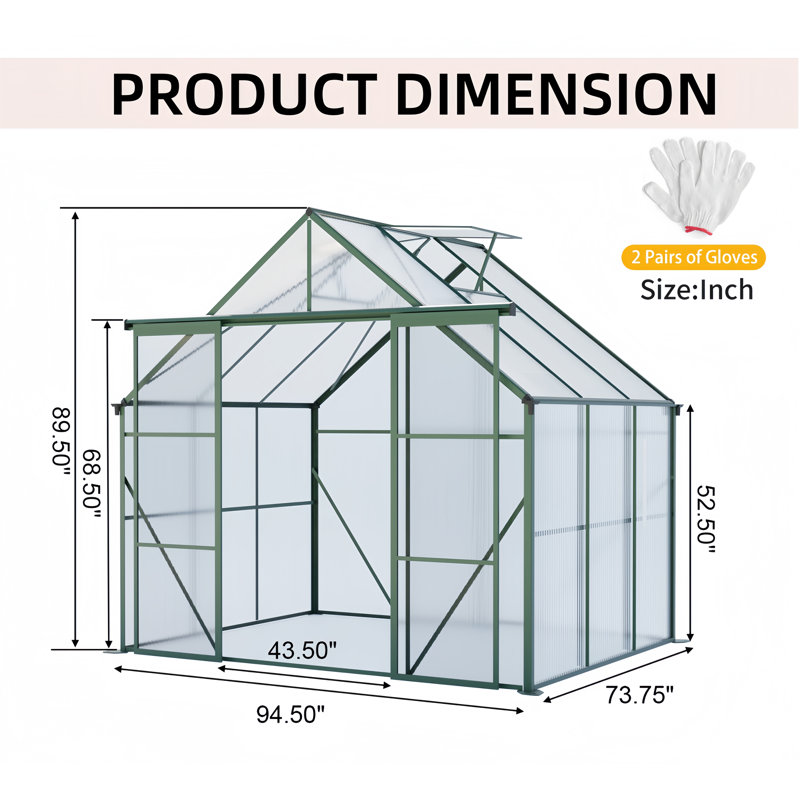 8X6Ft-Green Double Door Polycarbonate Greenhouse Raised Base And Anchor Aluminum Heavy Duty Walk-In Greenhouses For Outdoor Backyard In All Season