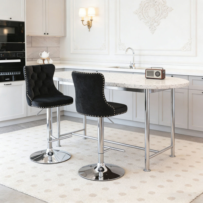 Tabourets de bar pivotants en velours, Noir et argent