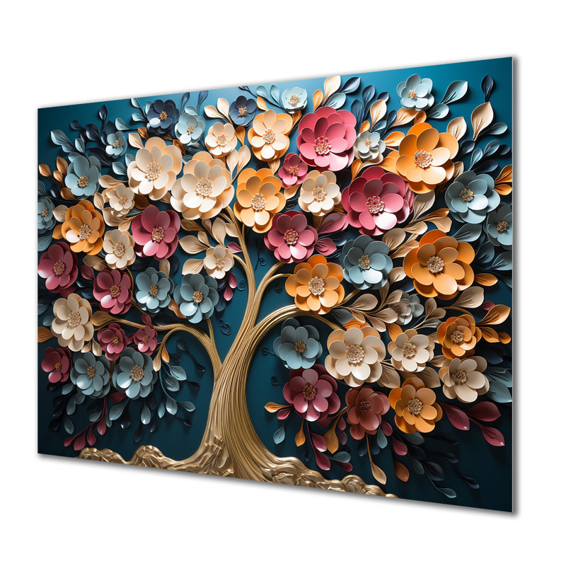 Orchidée dorée colorée, jardin de branches en V - arbre, art mural en métal, H 16 po x l 32 po x P 1 po