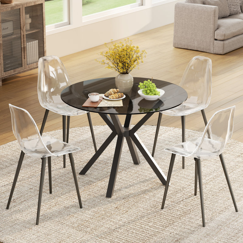5-Piece Modern Clear Dining Set With Clear Dining Chair For Dining Room, Black/Black, Clear/Black