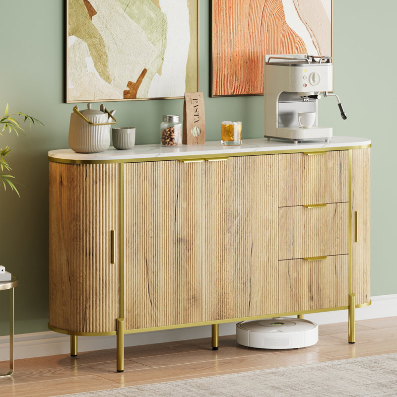  Buffet cannelé, armoire de rangement moderne pour bar à vin avec table basse de 59 po, table d'appoint pour salle à manger, salon, couloir et bureau personnel, chêne naturel