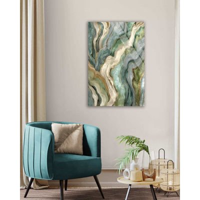 Abstract Sage Green Agate Tempered Glass Wall Art, Modern Emerald Gold Fluid Painting Decor - Large Vertical Luxury Marble Effect Office Gift