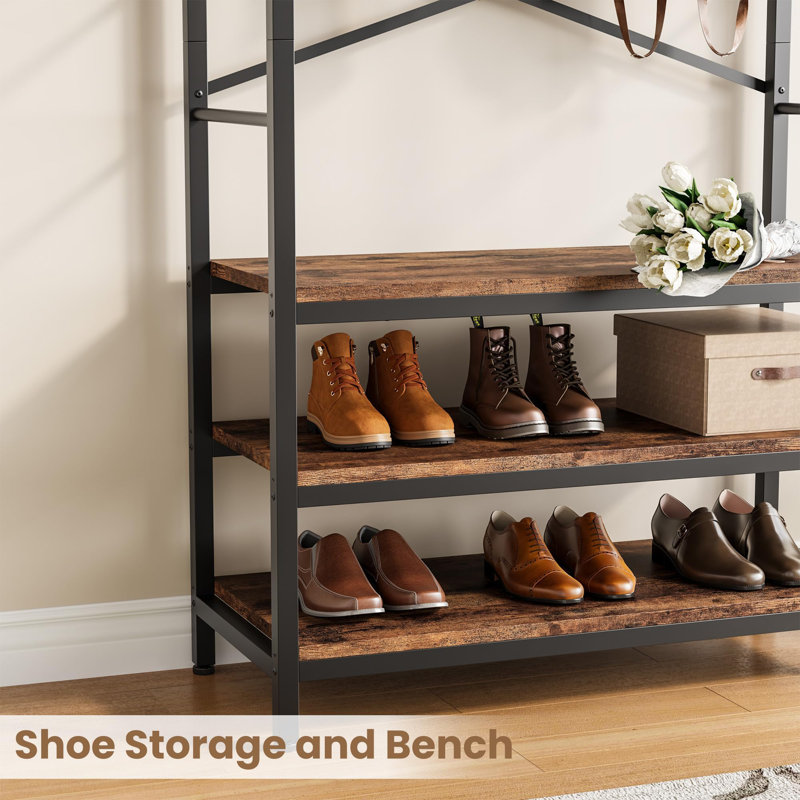 Freestanding Entryway Coat Rack with Hooks & Multi-Tier Storage Shelves