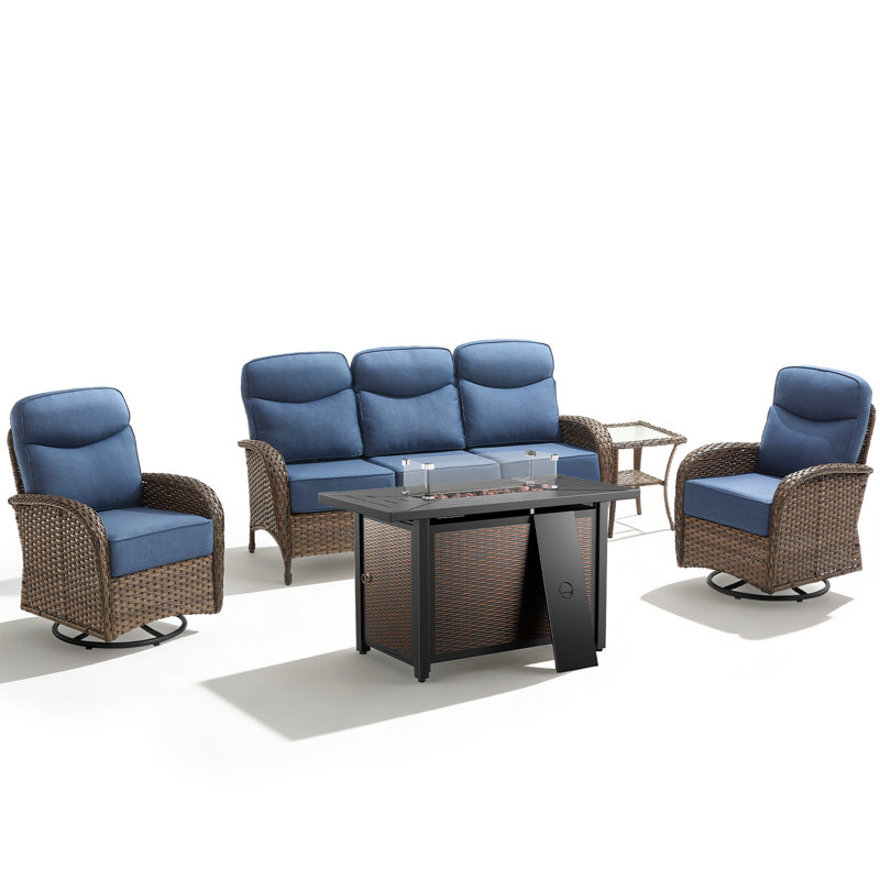 Arbor  5 - Person Fire Pit Outdoor Wicker Conversation Furniture Set With 6" Cushions, 55,000 BTU Propane Table, Blue