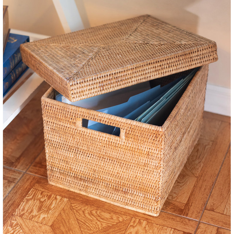 Hand-Woven Rattan Rectangular Basket with Lid, Honey Brown