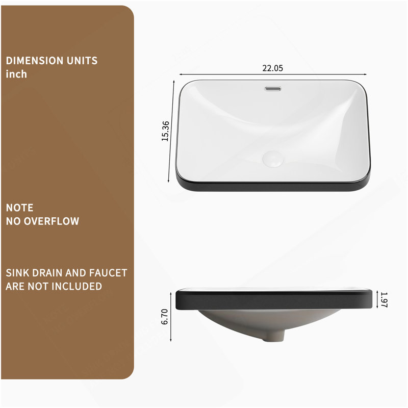 Ceramic Undermount Bathroom Sink 22.05" X 15.36" X 6.7" - White Porcelain Vessel Basin, Seamless Design For Vanity Countertop