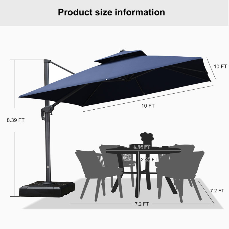 Parasol extérieur carré de 120 po avec base à roulettes incluse, bleu marine, Marine