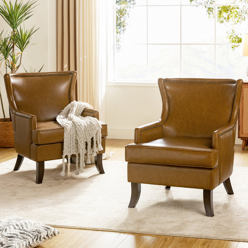 Fauteuil à oreilles en cuir Aquita, Similicuir chameau