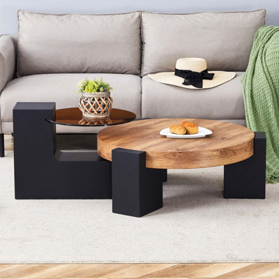 Table basse moderne moderne à double couche avec pieds en L détachables et design texturé en bois