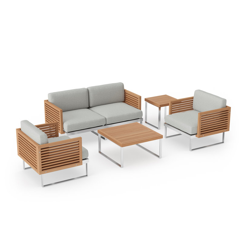 Outdoor Furniture Monterey 4 Seater Patio Chat Set with Coffee Table & Side Table, Stainless Steel/Natural Teak