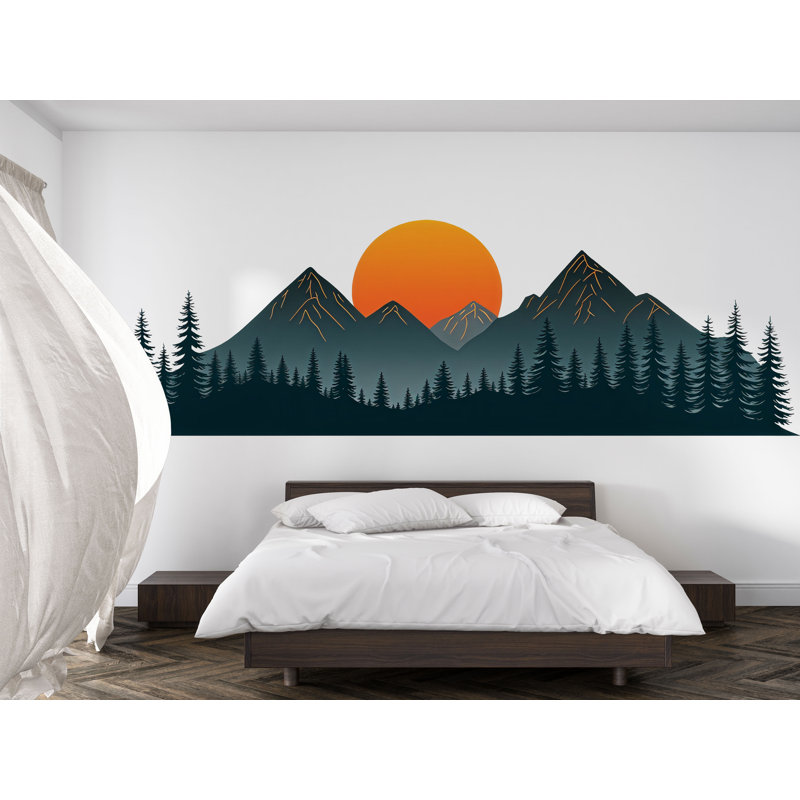 Mountain Forest Wall Decal, Sunset Mountain Wall Sticker, Nature Wall Art, Bedroom Wall Mural, Pine Tree Landscape Decor, 531Mv