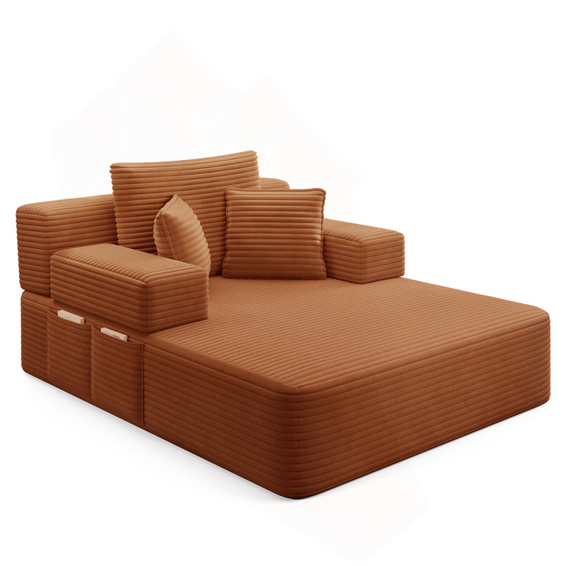 Chaise longue convertible en velours côtelé moelleux avec pochette de rangement, Orange
