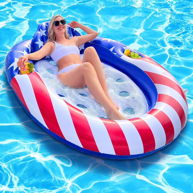 Flotteur patriotique pour piscine avec appui-tête détachable, flotteur de piscine gonflable ovale pour double collation et porte-gobelets pour adultes, fête du 4 juillet, piscine, lac