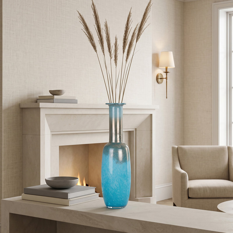 Turquoise Blue Hand-Blown Ombre Art Glass Vase, Organic Modern & Quiet Luxury Decor Centerpiece for Pampas Grass & Fresh Flowers