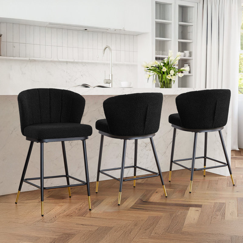 26" Boucle Fabric Counter Height Bar Stools With Metal Frame, Black