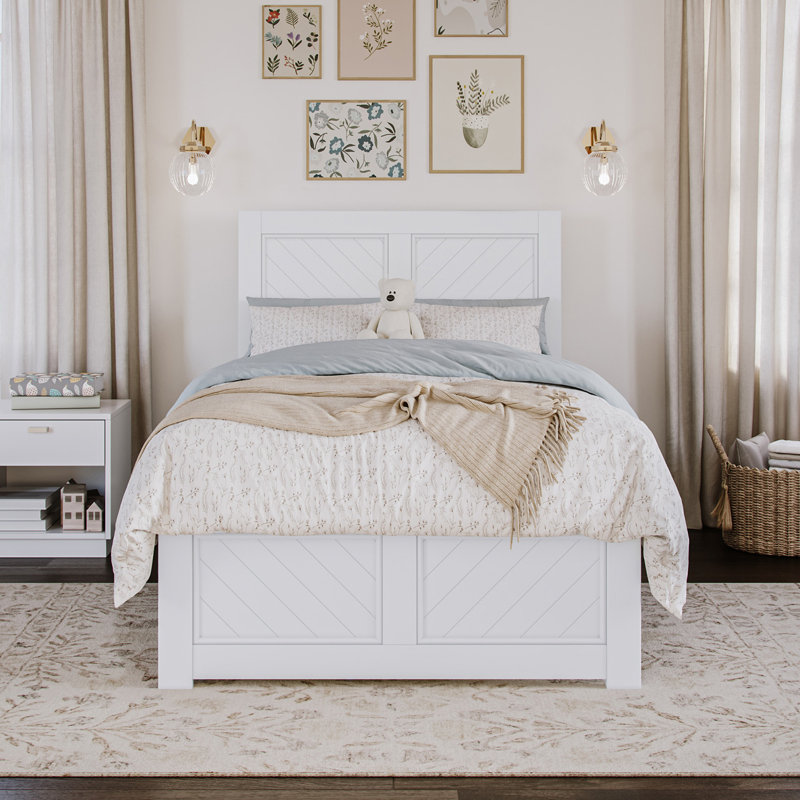  Lit plateforme en bois massif Jeinny avec pied de lit assorti, Blanc, Simple