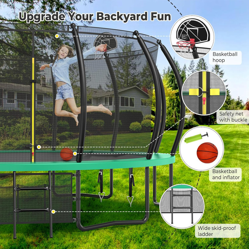 Sapphome Round Backyard Trampoline with Safety Enclosure, Green/Black