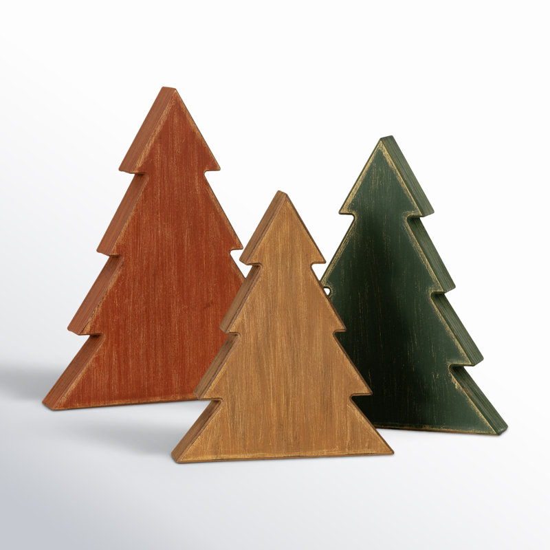 11.5"H, 13.5"H And 15.5"H Wooden Tree Block Set Of 3, Christmas Decor; Multicolored