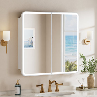 Armoire à pharmacie rectangulaire éclairée à DEL de 36 po x l 30 po avec miroir, double porte, antibuée, fonction mémoire, fixation murale / encastrée, tablettes en verre réglables