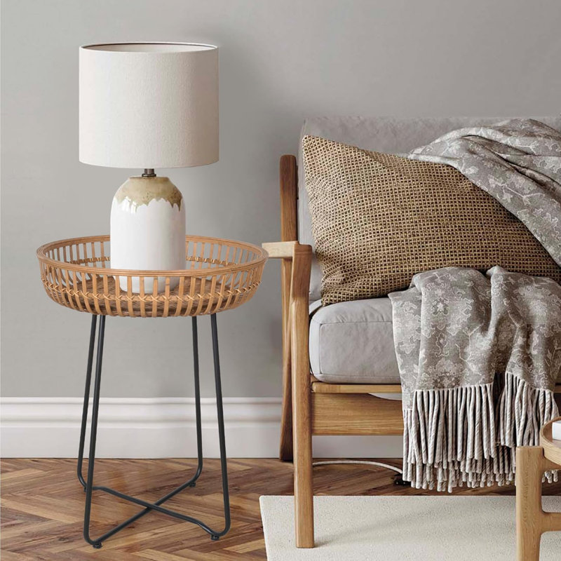Bamboo And Rattan Round Side Table With Boho Style, Multi-Functional Accent Table For Living Room, Bedroom, Or Balcony