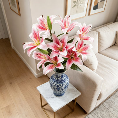 Arrangement floral à 12 tiges (9 fleurs, 3 bourgeons) - Arrangement floral tacheté de tigre | Bouquet décoratif pour décor de maison, d'hôtel et de fête