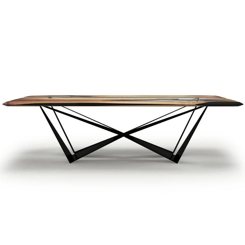 Danube Walnut Wood Dining Table, 48" W x 108.3" L, Brown/Clear/Black, Polished Black