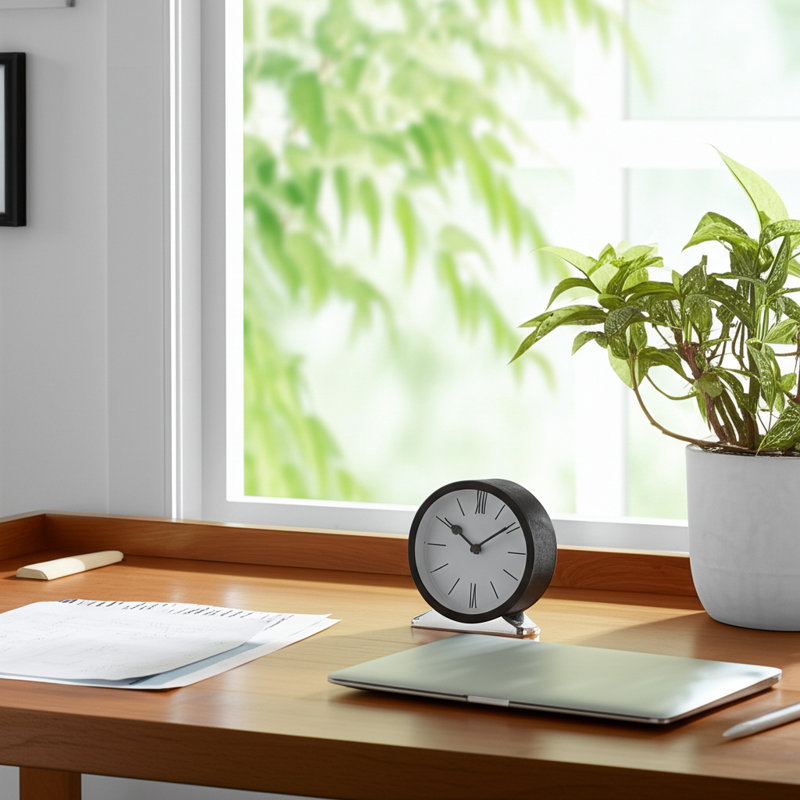 Modern Clock Metal Glass Wood Steel Roman Numerals 7" Black and White Tabletop Decor for Home Office Bedroom Living Room