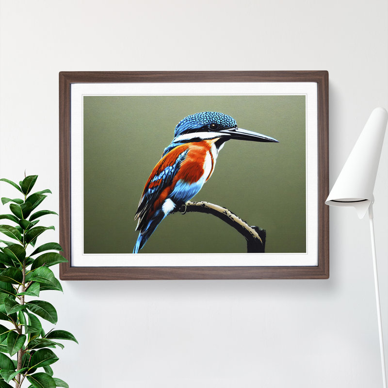 Irresistible Kingfisher Bird - Single Picture Frame Print, 25cm H x 34cm W x 2cm D, Walnut