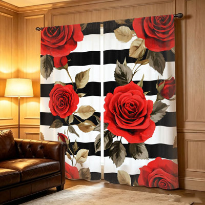 2 pièces de rideaux floraux rose rouge, filtrant la lumière, imprimé audacieux rétro, protection contre le soleil et l'intimité, passe-tringle, convient au salon, à la chambre à coucher, au balcon et à la cuisine