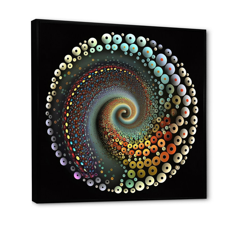Iridiscdent pointillisme spirale rétro arc-en-ciel, H 16 po x l 16 po x P 1 po, Cadre flottant noir