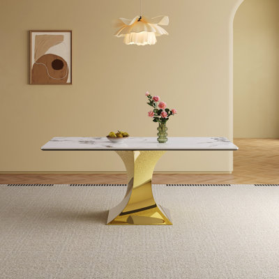 Table de salle à manger 71 po rectangulaire pour 6 à 8 personnes, table de cuisine avec base de sablier plaquée or élégante, grande table de salle à manger (table seulement)