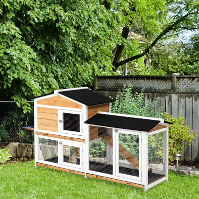 2 étages en bois jaune avec rampe et plateau central nettoyable pour les lapins par le bas