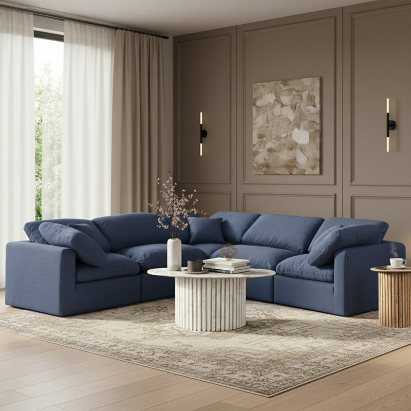 Canapé modulaire en coin 5 pièces Hinami, Tissu texturé en lin bleu marine