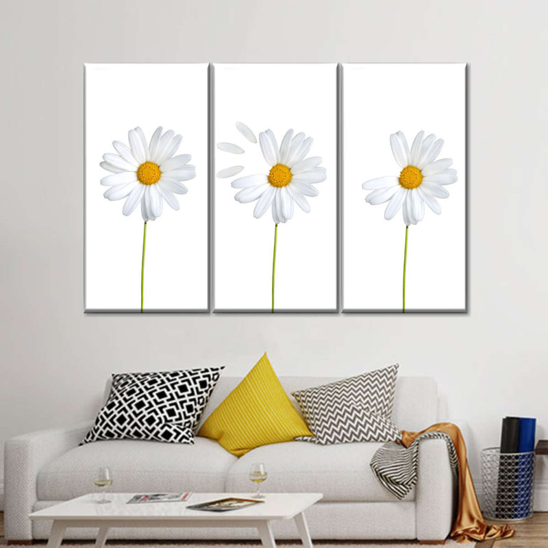 Ensemble de 3 marguerites plumées sur toile, H 48 po x l 74 po x P 1,25 po