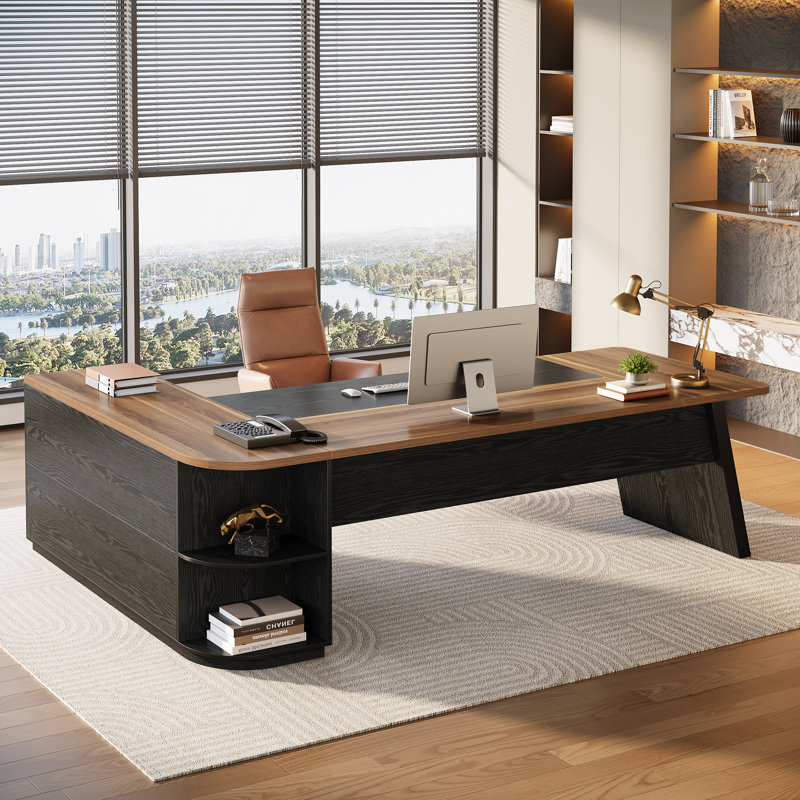 78.7" L-shaped Executive Desk with File Cabinet, Large Office Desk with Storage, Walnut