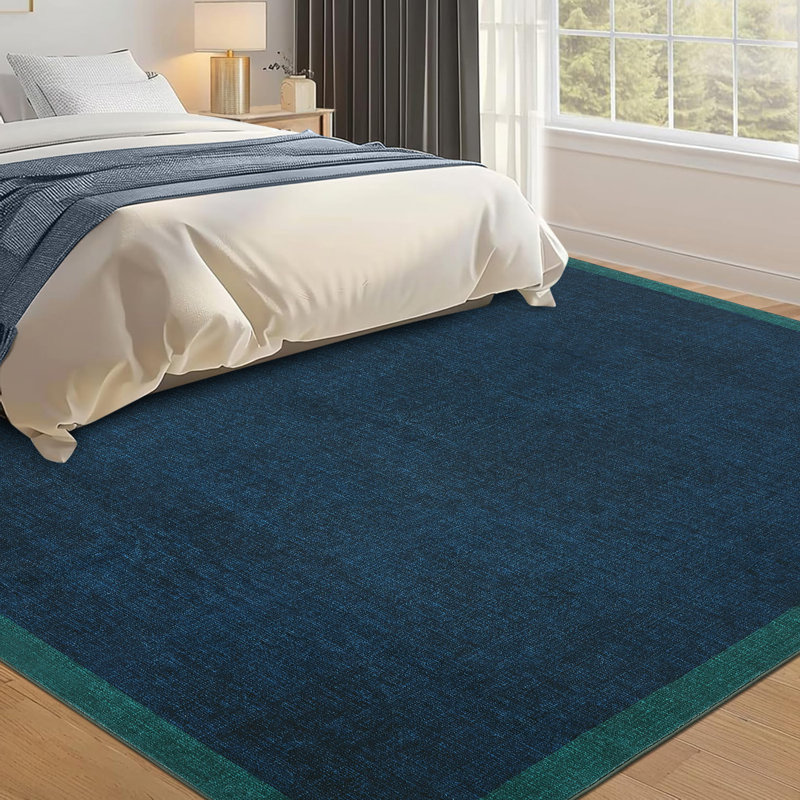 Bordered Machine Washable Rug with Rubber Backing Non Slip Soft Non Shedding Low Pile Thin Foldable Indoor Carpet, Teal