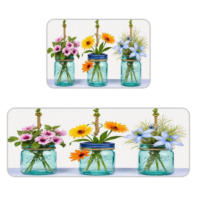 Teal Jar Floral Motif, Kitchen Mats Set Of 2
